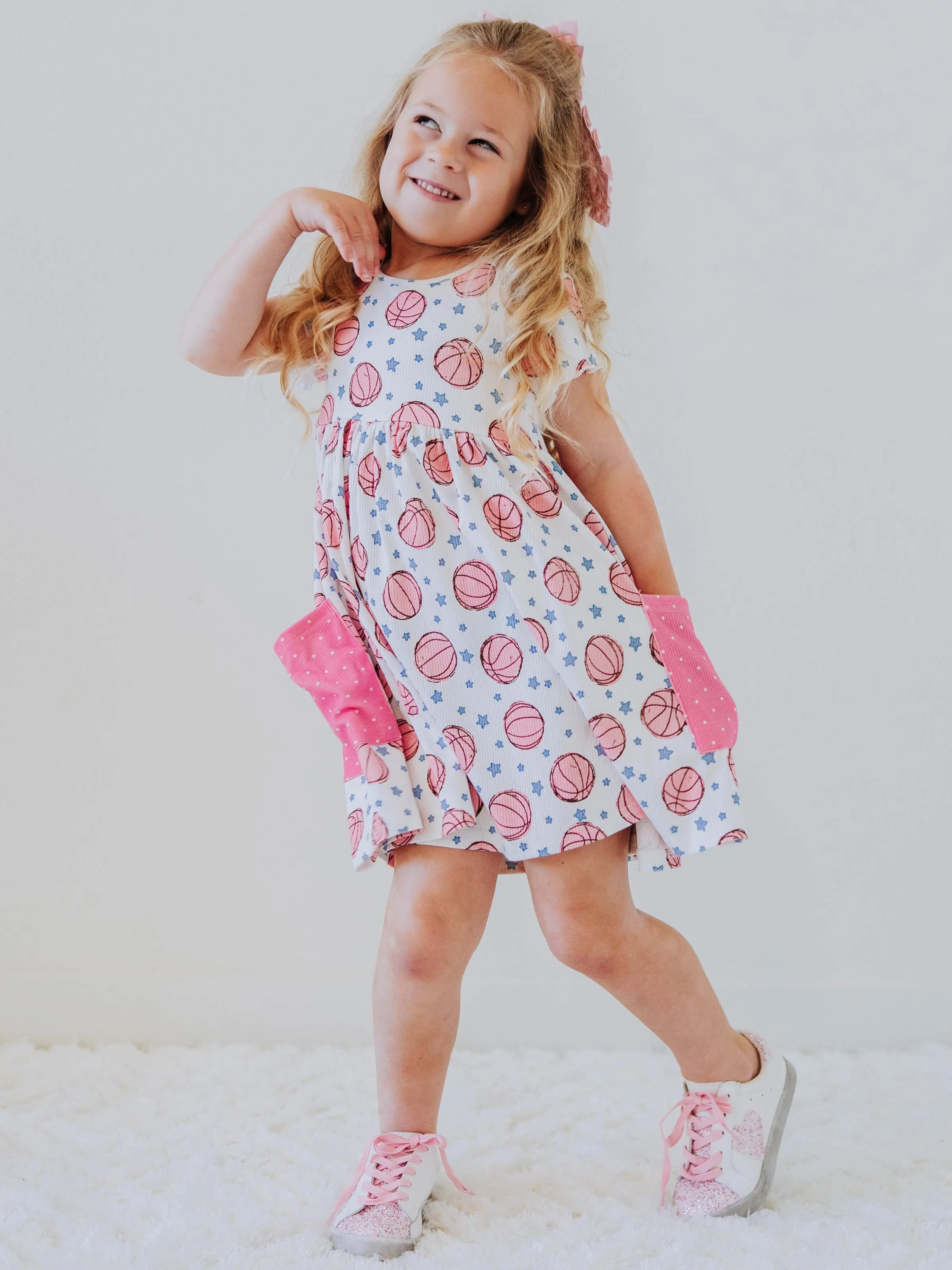Ribbed Knit Dress - Pink Basketballs