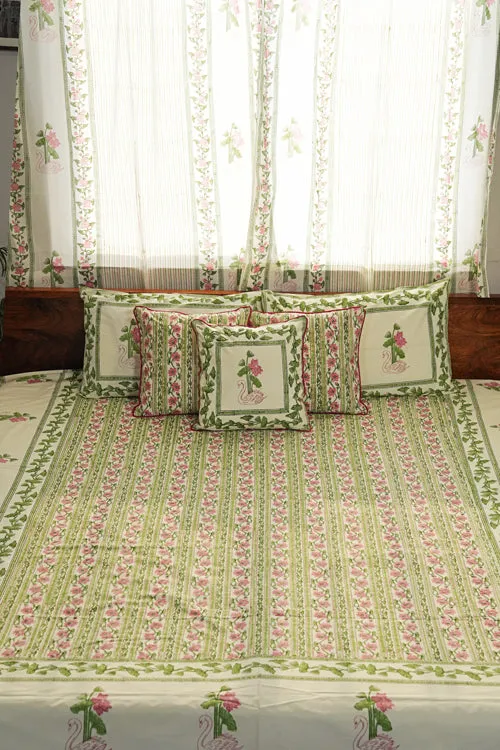 Serene Swan Song Hand Block Printed Cotton Percale Bedsheet