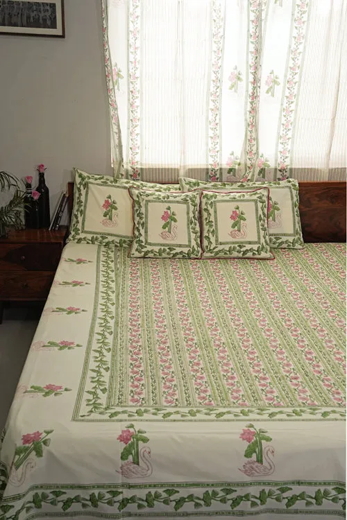 Serene Swan Song Hand Block Printed Cotton Percale Bedsheet