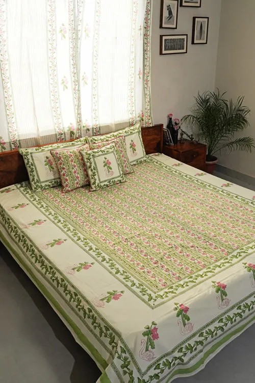 Serene Swan Song Hand Block Printed Cotton Percale Bedsheet