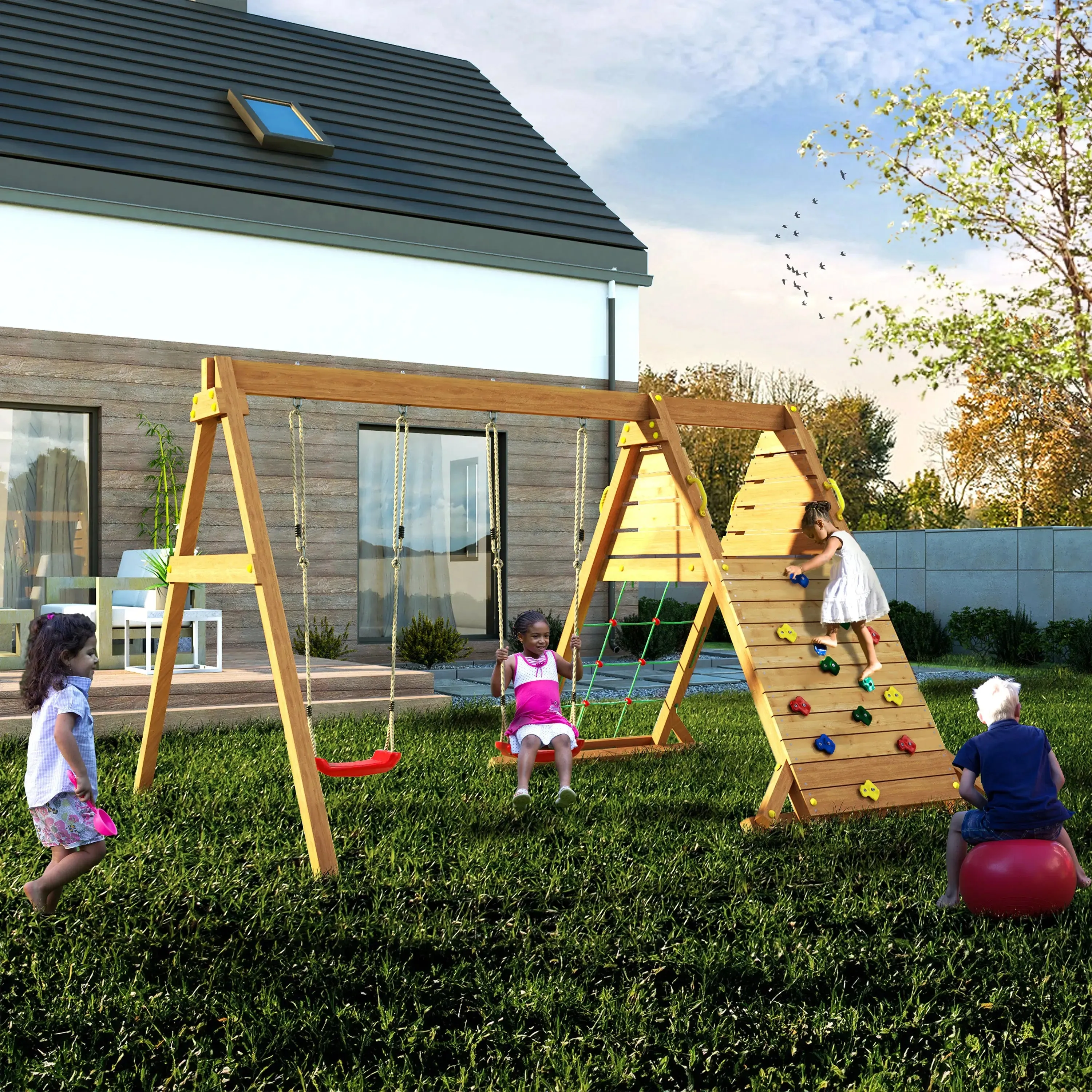 Spider King Teak painted Swing Set with Climbing Wall - SPECIAL OFFER - 10% OFF
