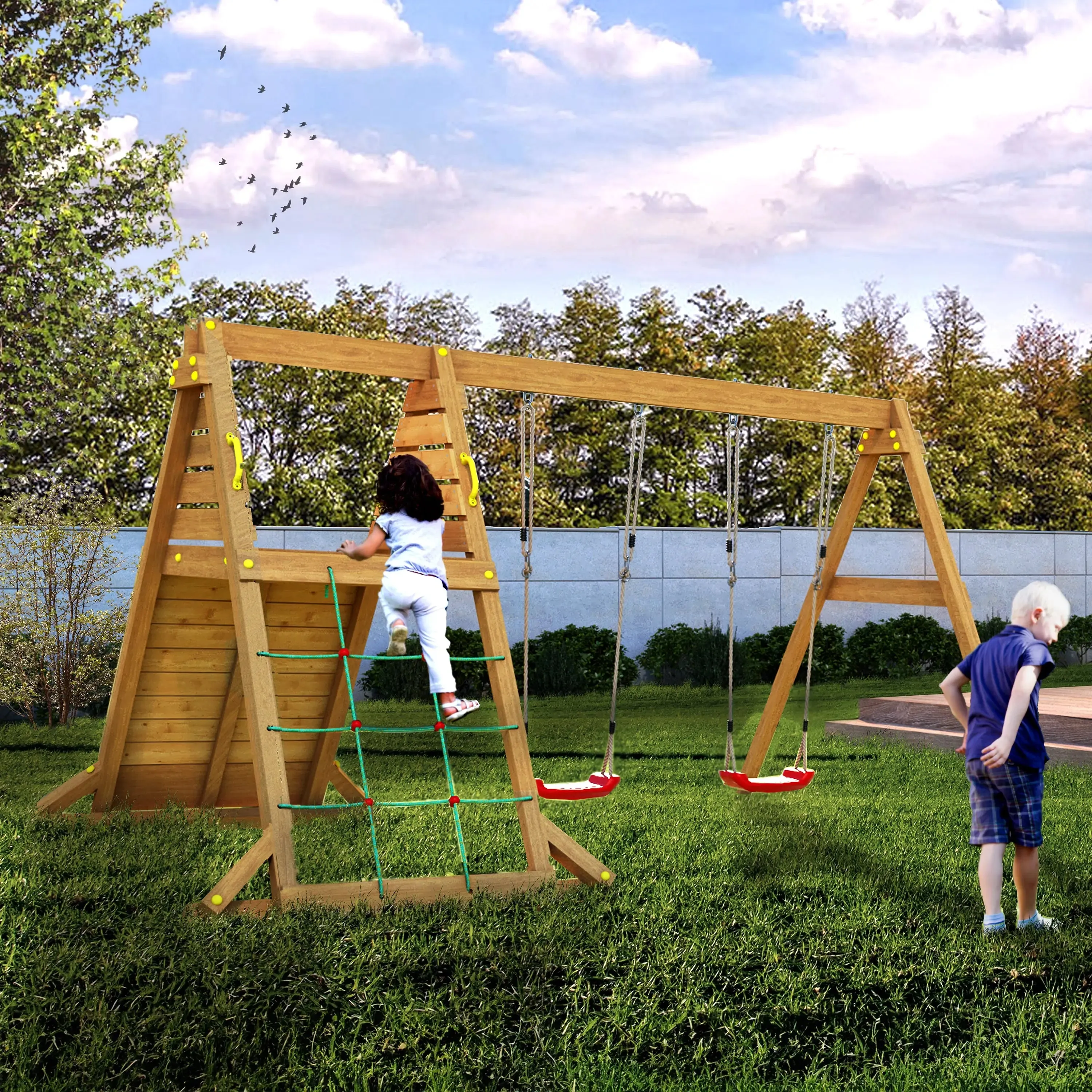 Spider King Teak painted Swing Set with Climbing Wall - SPECIAL OFFER - 10% OFF