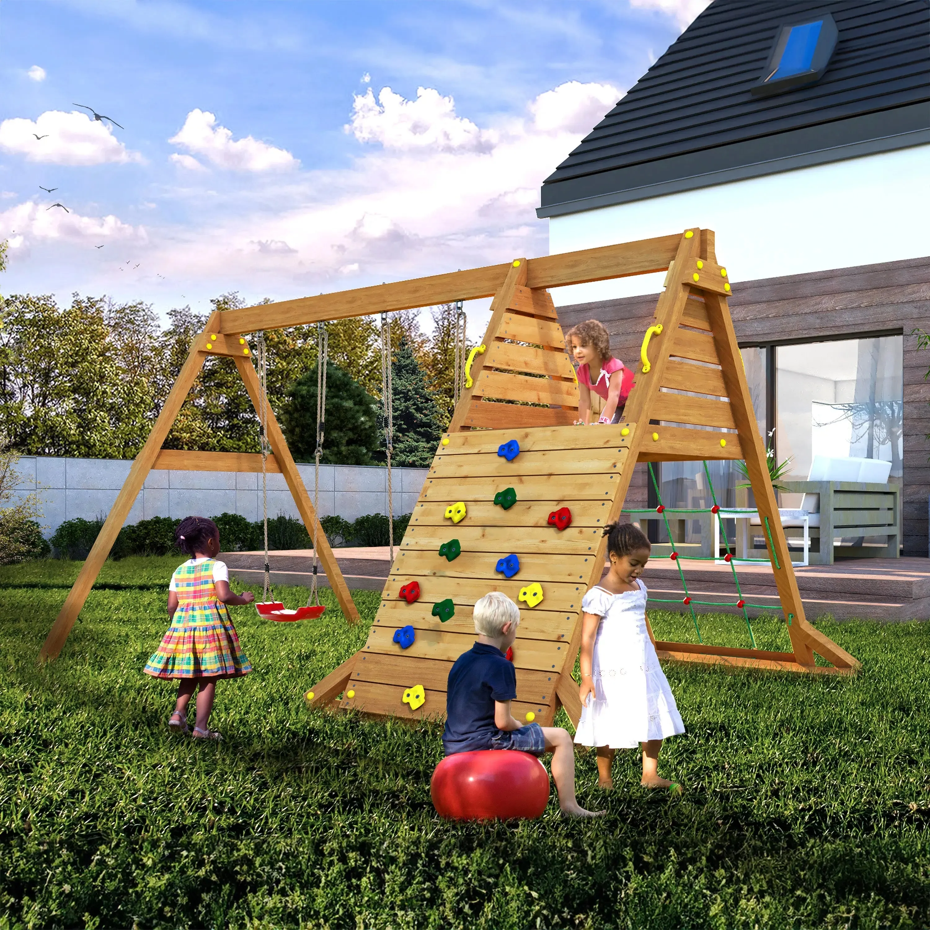 Spider King Teak painted Swing Set with Climbing Wall - SPECIAL OFFER - 10% OFF
